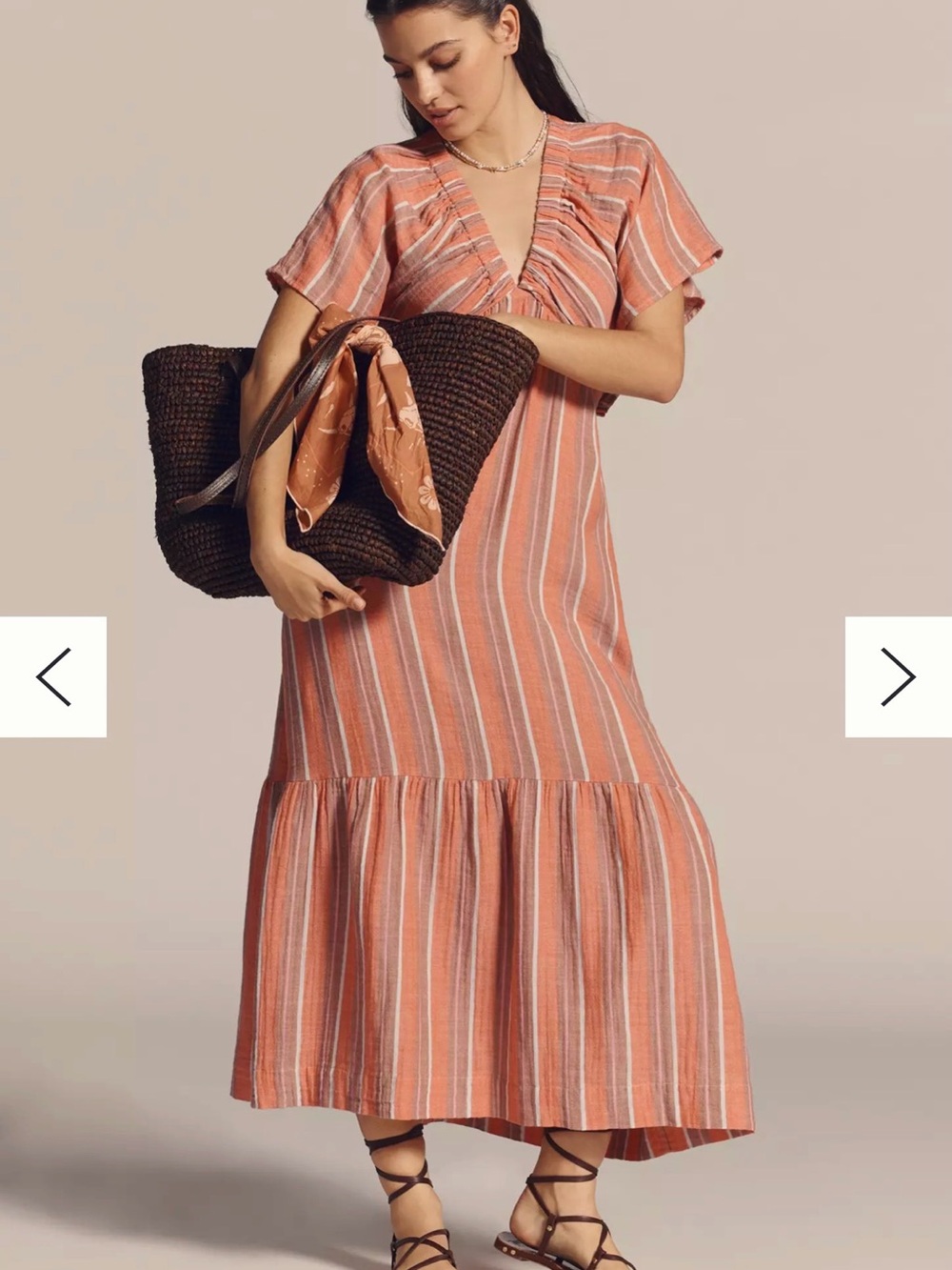 Sundry Coral and White Striped Gauze Midi Dress